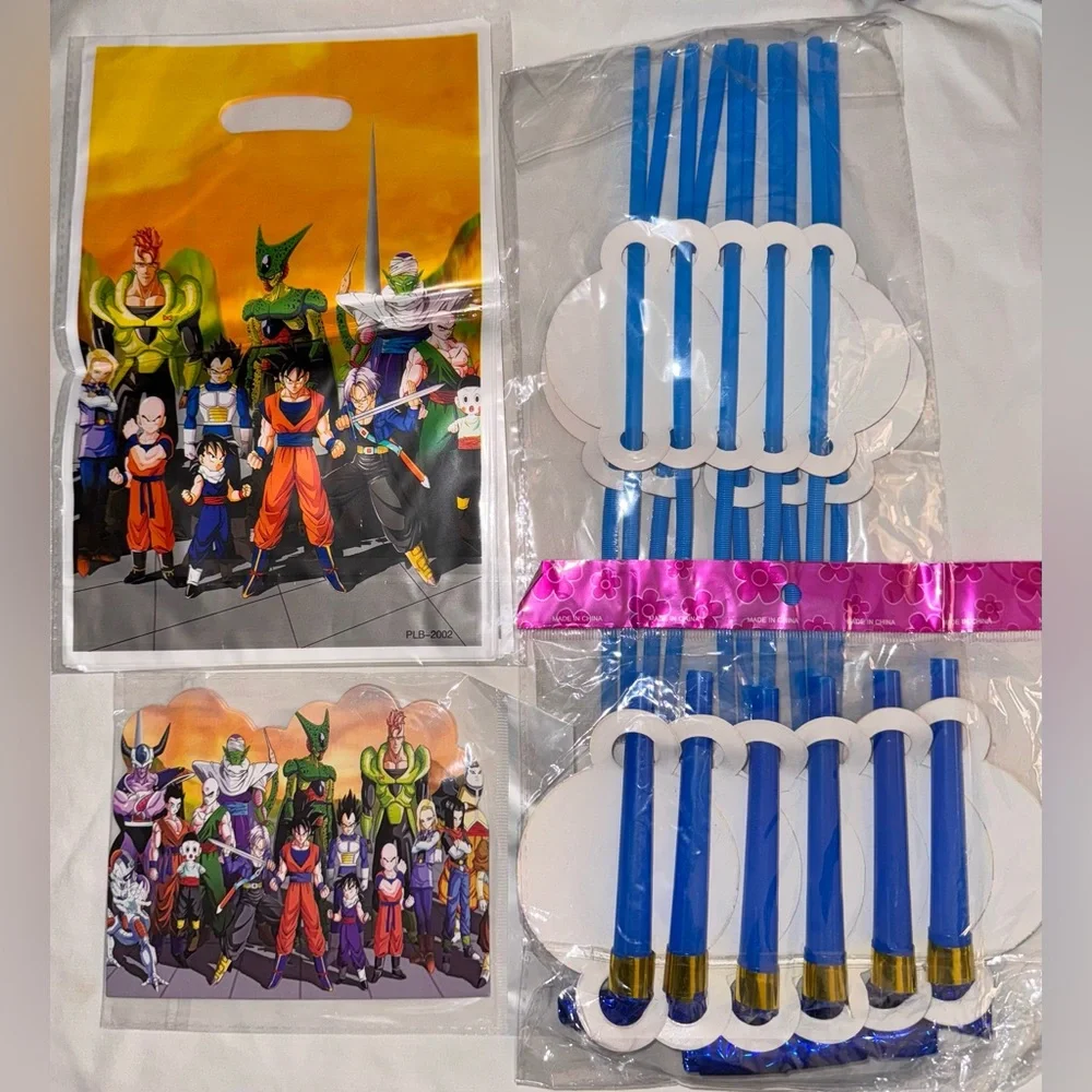 Anime-Themed Party Supplies Set with Blue and Multicolor Designs